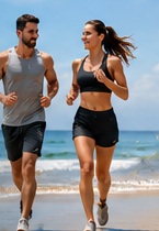 Dos personas adultas corriendo junto al mar · Imagen ilustrativa generada con IA