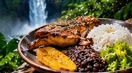 Plato de arroz, frijoles y acompañamientos