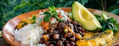 Arroz, frijoles y aguacate para una comida casera